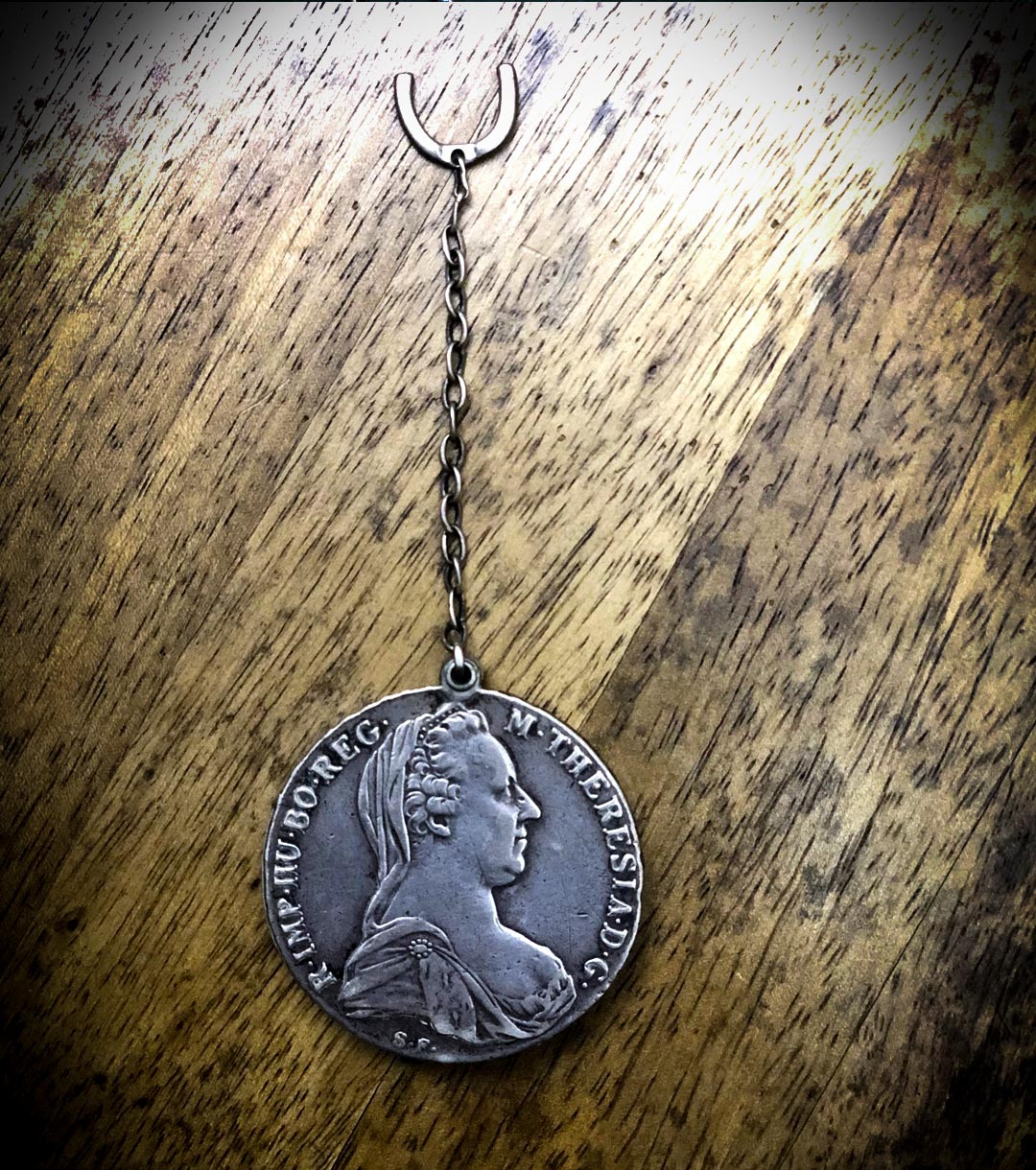 Silver 1780 Empress Maria Theresa of Austria Thaler Watch Fob with Pocket Magnifying Glass